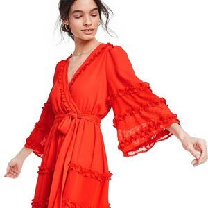 ALEXIS for Target Red Tiered Ruffle Wrap Maxi Dress Dotted Swiss Flare Sleeve S